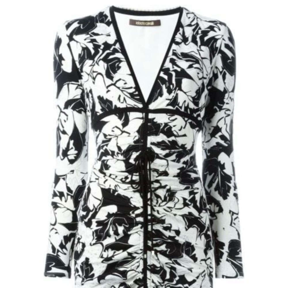 Roberto Cavalli Black & White Floral V-Neck Long-Sleeve Knee Length Size 46 - Picture 4 of 9
